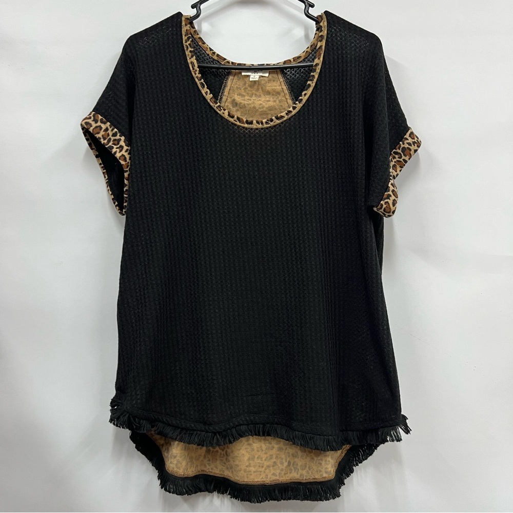 Umgee leopard fringe short sleeve small knit top cheetah print